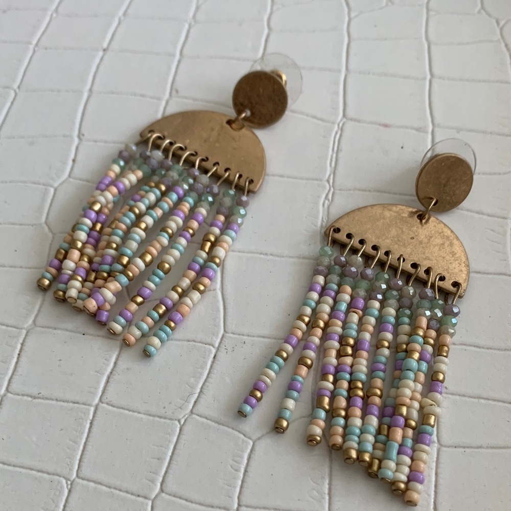 Chic Gold and Multicolor Beaded Fringe Earrings